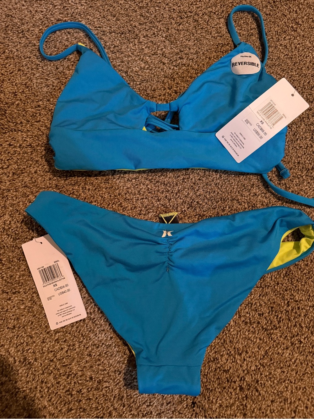 Blue/Neon Yellow reversible top and blue Hurley bottoms